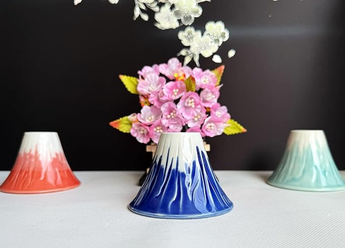 Japanese Sake Cup Mount Fuji Design Wine Soju Porcelain Ochoko Gifts (Blue Red Snow, 3 Ochoko)