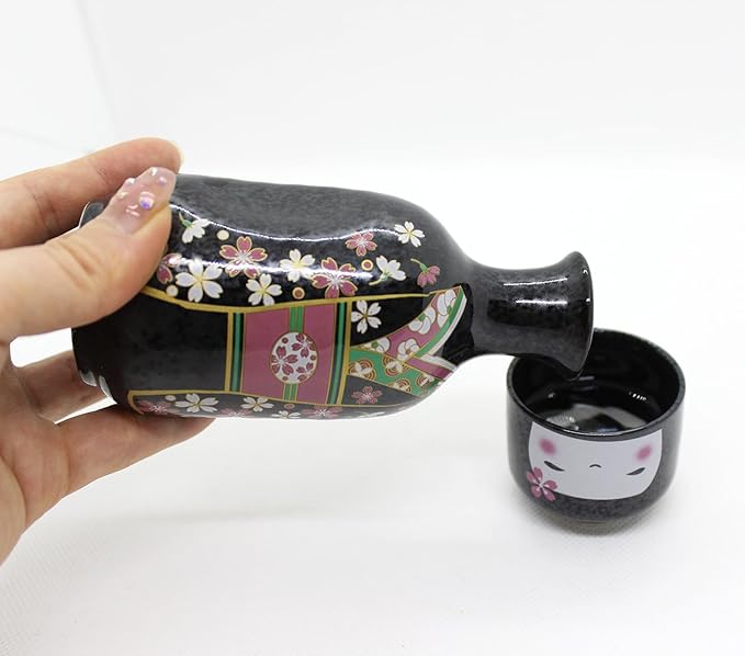 Japanese Traditional Kokeshi Design Sake Wine Soju Ceramic Set with 1 Ochoko Cup and 1 Tokkuri Bottle Gifts (Kokeshi Ume Komachi)