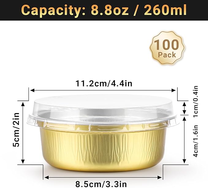 Beasea Aluminum Ramekins With Lids, 100 Pack 8.8oz 260ml 4 Inch Disposable Foil Aluminum Baking Cups Round Oven Baking Mini Cupcake Cups for Party - Golden