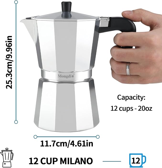 Mongdio Stovetop Espresso Maker Moka Pot, Stove Top Cuban Coffee Maker, Italian Greca Mocha Pot, 12 Espresso Cups, 20 oz - Silver