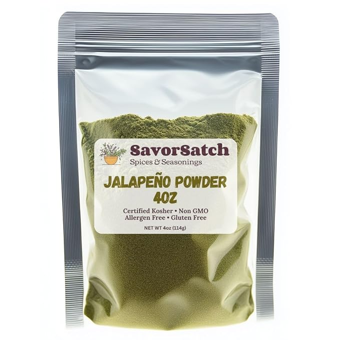 SavorSatch Jalapeño Powder ??4oz Resealable Pouch | Certified Kosher, Non-GMO | Spicy Green Chili Pepper Powder for Cooking, Seasoning, Sauces, and Rubs