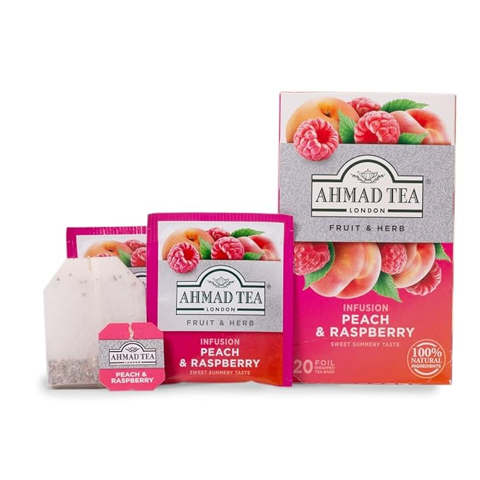 Ahmad Tea Infusions, Peach and Raspberry Teabags, 20 ct (Pack of 1) - Decaffeinated & Sugar-Free