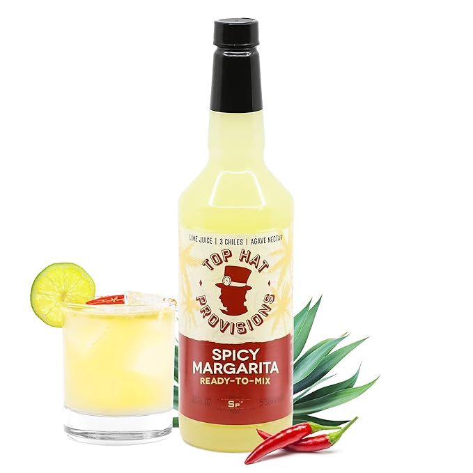 Top Hat Spicy Margarita Drink Mix - Handcrafted with 3 Chiles, Pineapple, Organic Agave Nectar & Organic Lime Juice - Low Calorie/Low Sugar - 32oz Bottle