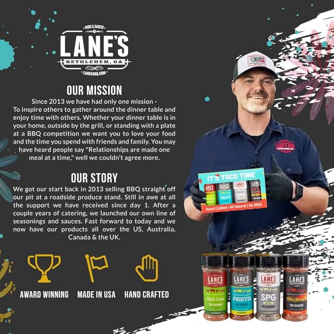 Lane's It's Taco Time Mexican Seasoning, All-Natural 4 Rubs Gift Set of Fiesta Taco Seasoning Mix, Chili Lime Seasoning, Spellbound Hot Rub & SPG Rub