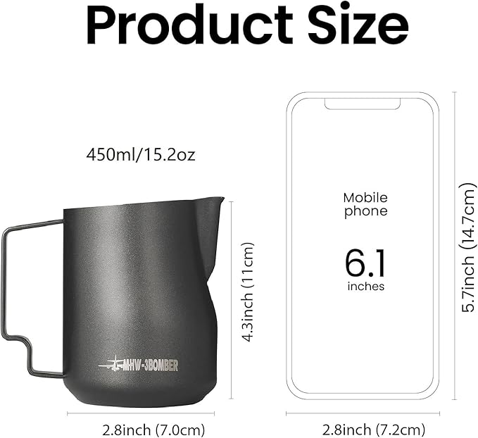 MHW-3BOMBER Milk Frothing Pitcher 450ml/15.2oz Milk Frother Cup Espresso Steaming Pitcher Stainless Steel Milk Frother Cup Barista Latte Art Round Spout Milk Jug P6001S-OS