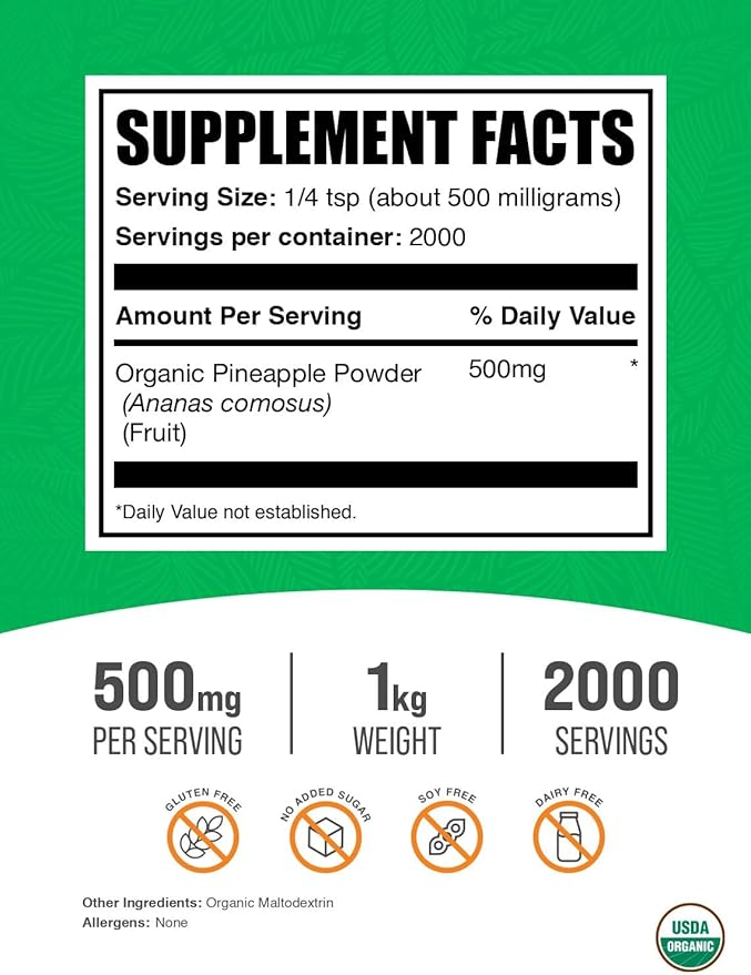 BulkSupplements.com Organic Pineapple Powder - Pineapple Fruit Powder, for Flavoring & Smoothies - Unsweetened & Gluten Free, 500mg per Serving, 1kg (2.2 lbs) (Pack of 1)