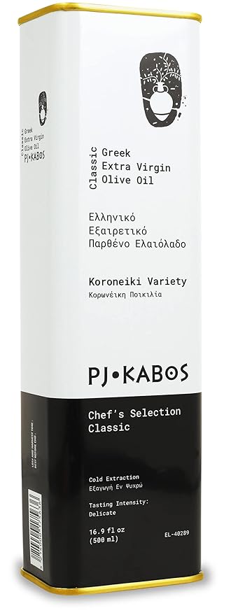 P.J. KABOS 2024/25 Harvest, Everyday Greek Extra Virgin Olive Oil, Kosher, Greece, Cold Extracted, 16.9 oz Tin, Koroneiki, "Chef's Selection Classic - Delicate"