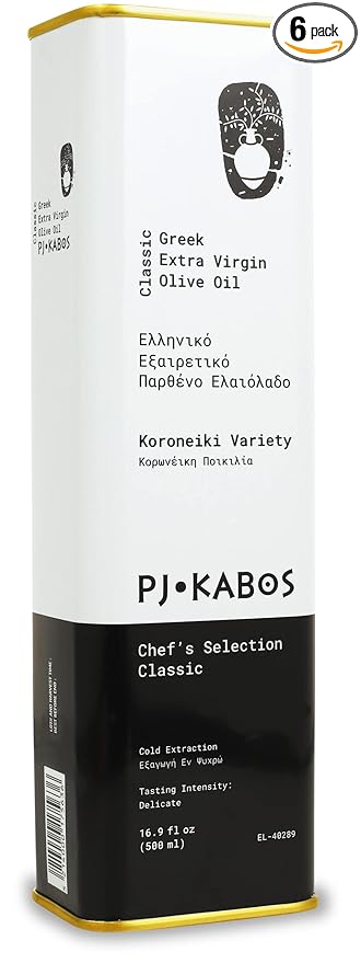 P.J. KABOS 2024/25 Harvest, Everyday Greek Extra Virgin Olive Oil, Kosher, Greece, Cold Extracted, 16.9 oz Tin, Koroneiki, "Chef's Selection Classic - Delicate" (6-Pack)