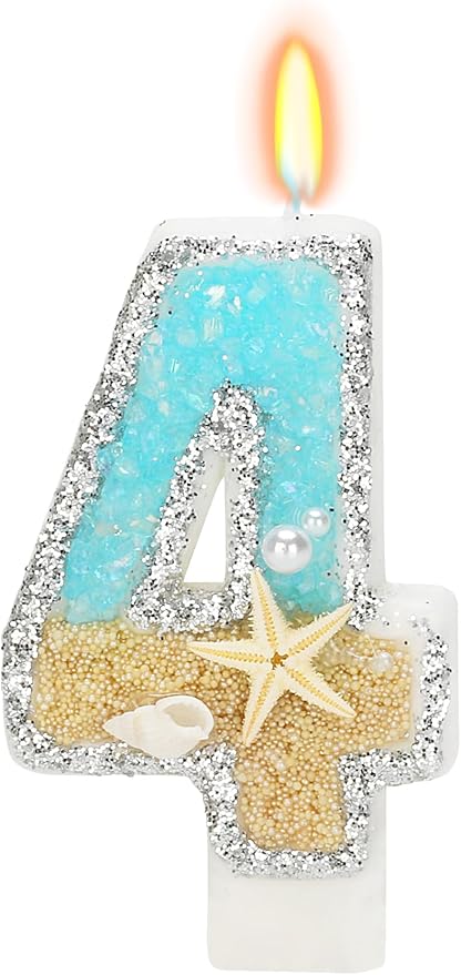 4th Birthday Candle for Cake, Beach Starfish Sequins Candles, 2.76 inch Cake Topper Decoration for Birthday Party (Number 4)