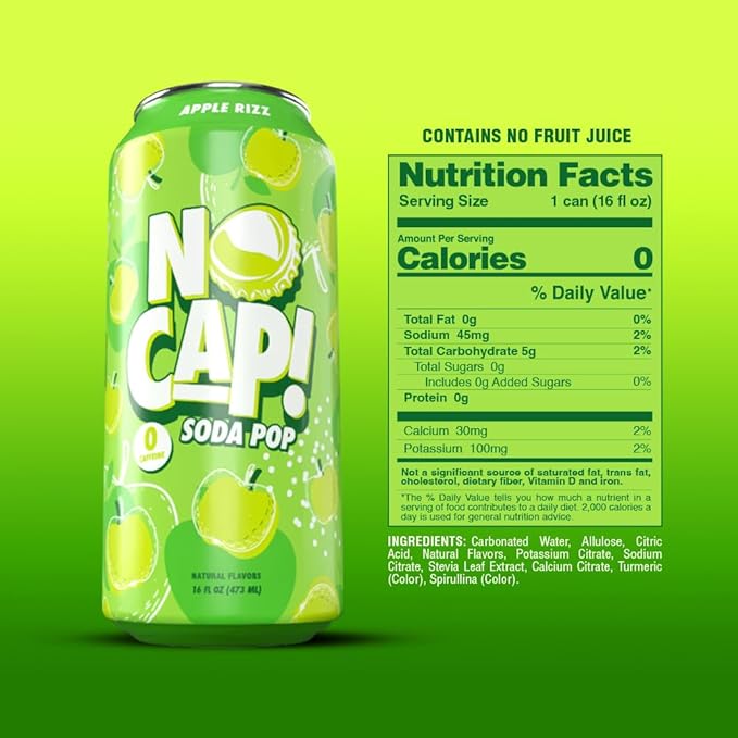 No Cap! Healthy Soda Drinks For Kids, Teenagers & Adults,Natural Flavors, Zero Sugar, Zero Calorie, Caffeine Free,16 Oz Cans, (12 Pack) Apple Rizz