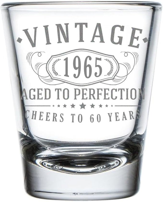 Vintage 1965 Etched 1.75oz 1pk Shot Glass – Happy 60th Birthday Gifts for Women Men, Cheers to Turning 60 Year Old Woman Her Decorations Decor, 60th Anniversary Bday Party Favors, Gift Ideas 1.0