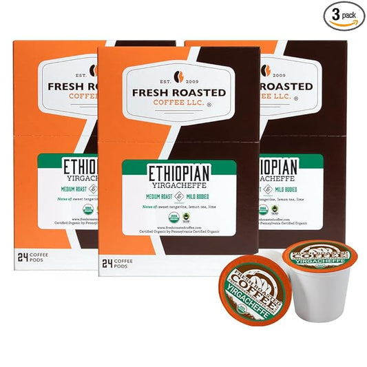 Fresh Roasted Coffee, Organic Ethiopian Yirgacheffe | USDA Organic, Mold & Myco 3rd Party Tested, Kosher | 72 Pods for K Cup Brewers