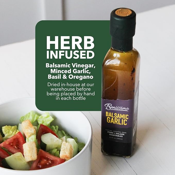 Benissimo Balsamic Garlic Herb Infused Oil & Vinegar Blend, All Natural Gourmet Blend with Bold Balsamic, Roasted Garlic, and Hand-Selected Herbs, Ideal for Drizzling, 8.1 fl oz
