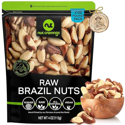 NUT CRAVINGS - Raw Brazil Nuts, Unsalted, No Shell, Whole, (4oz - 0.25 LB) Bulk Nuts Packed Fresh in Resealable Bag - Kosher Healthy Snack, Food Assortments