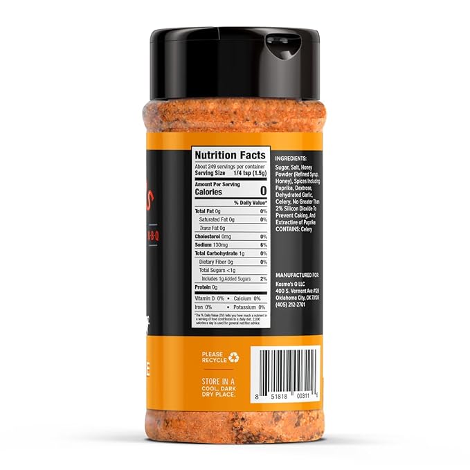 Kosmos Q Honey Killer Bee BBQ Dry Rub, Sweet Seasoning with Brown Sugar, Honey, Garlic & Paprika for Chicken, Pork, Turkey, Ribs and More, Dry Rub for Smoking & Grilling Meat, 13.2 Oz Shaker Bottle