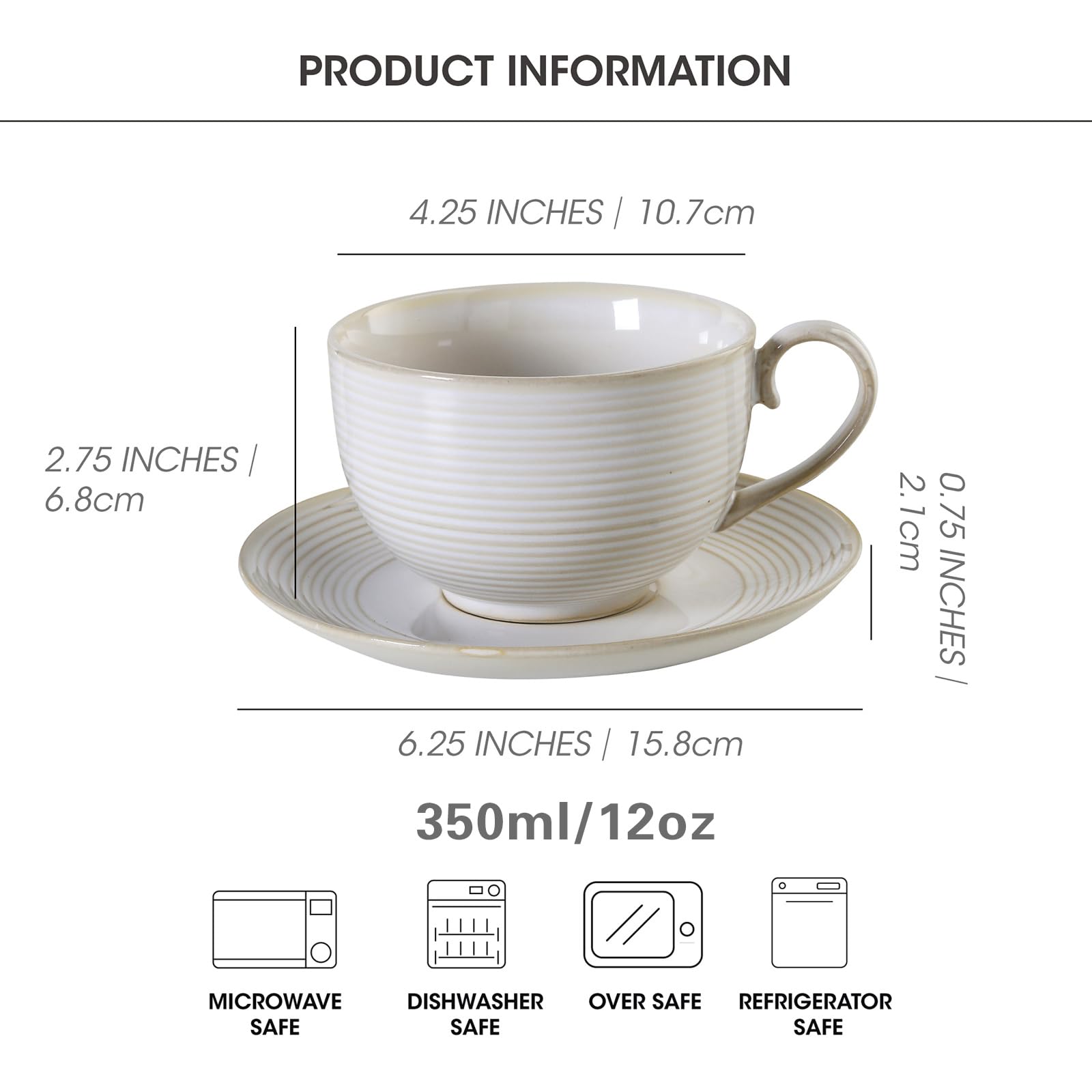 Feenmai 12Oz Coffee Cups with Saucers, Ceramic Espresso Cup Set of 4, Cappuccino Cups Set, Tea Mugs
