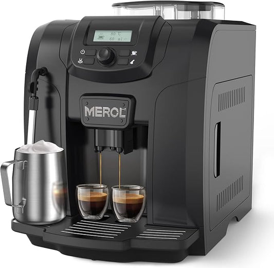 MEROL Fully Automatic Espresso Coffee Machine, 19 Bar Cafe Maker Built-in Adjustable Grinder and Manual Milk Frother Steam Wand, for Cappuccino Latte Macchiato, for Coffee Lover, ME-715, Black