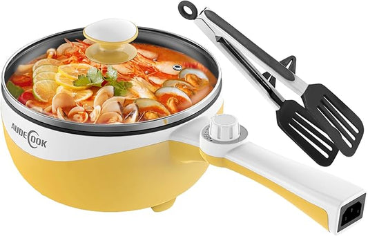 Audecook Hot Pot Electric, 1.7L Mini Electric Skillet Portable Nonstick Saut챕 Pan with Power Adjustment, Rapid Noodles Cooker Travel Multicooker for Steak/Soup/Egg/Oatmeal/Noodles
