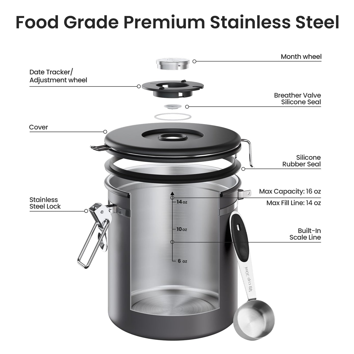 Veken Coffee Canister, Airtight Stainless Steel Food Storage Container,16OZ