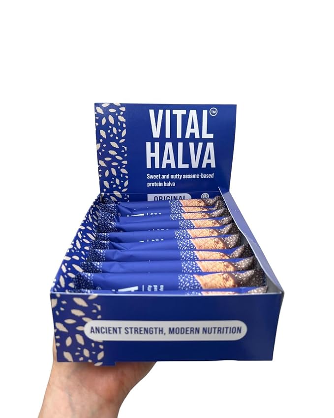 Vital Halva - Original - Sesame Butter Protein Bar (10 Bars, 65g each), Gluten Free, High Fiber, Low Sugar Snack, 12g Protein, 6 Net Carbs