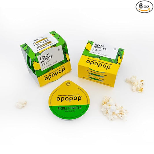 Opopop Microwave Popcorn - Pop Cups Pickle Monster 6-Pack, Non-GMO Gourmet Popcorn Kernels & Popcorn Flavoring, Gluten Free Snacks, Easy to Make and No Mess