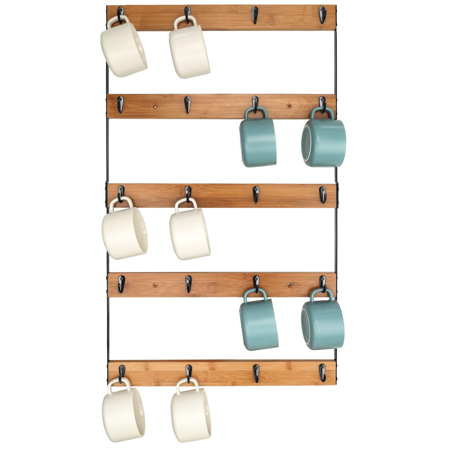 Aomomery Wall Mounted Coffee Mug Holder, Large 5 Tier Shelf with 20 Hooks for Cups, Rustic Wooden