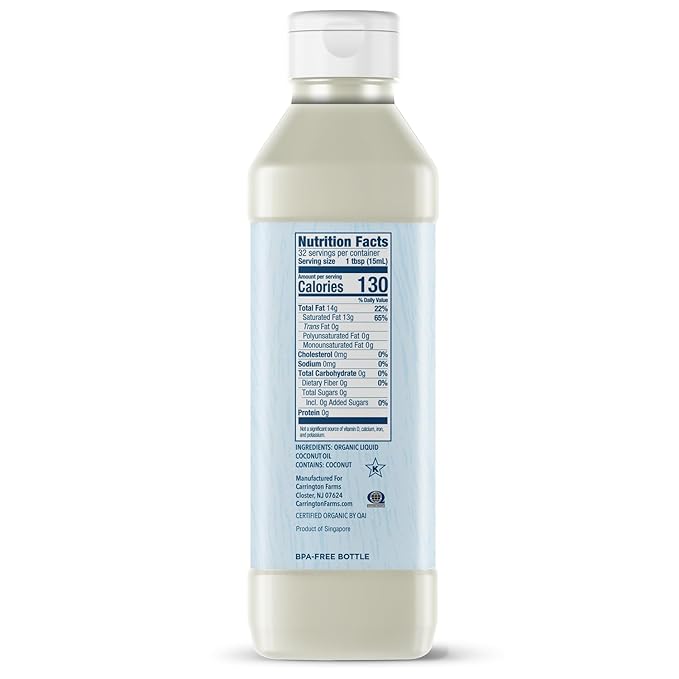 Carrington Farms Organic Liquid Coconut Cooking Oil, 16 Fl Oz ?밬nflavored, Unscented, High Smoke Point, MCT-Rich, No Trans Fat ??For Cooking, Saut챕ing, Frying & Baking ??Gluten Free, Non-GMO, Hexane Free, BPA Free Bottle
