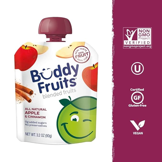 Buddy Fruits Snacks To Go Cinnamon Unsweetened Applesauce 3.2oz Pouch (18pk) Gluten-Nut-Dairy-Preservatives-BPA Free, Non GMO, Kosher