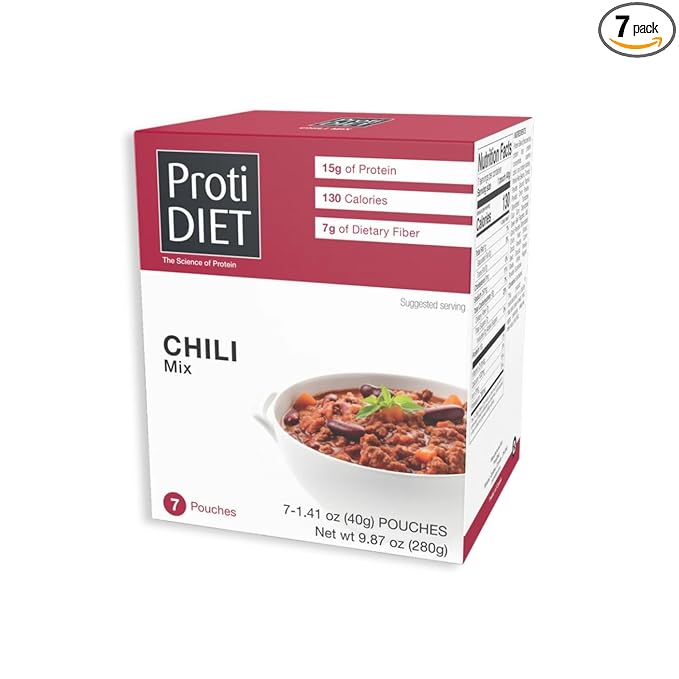 ProtiDIET High Protein Chili Mix - Gluten free, Low Fat, Flavorful Soy Protein Meal, Quick and Easy-to-Prepare Guilt Free Nourishing Meal Mix - 7 Servings Per Box