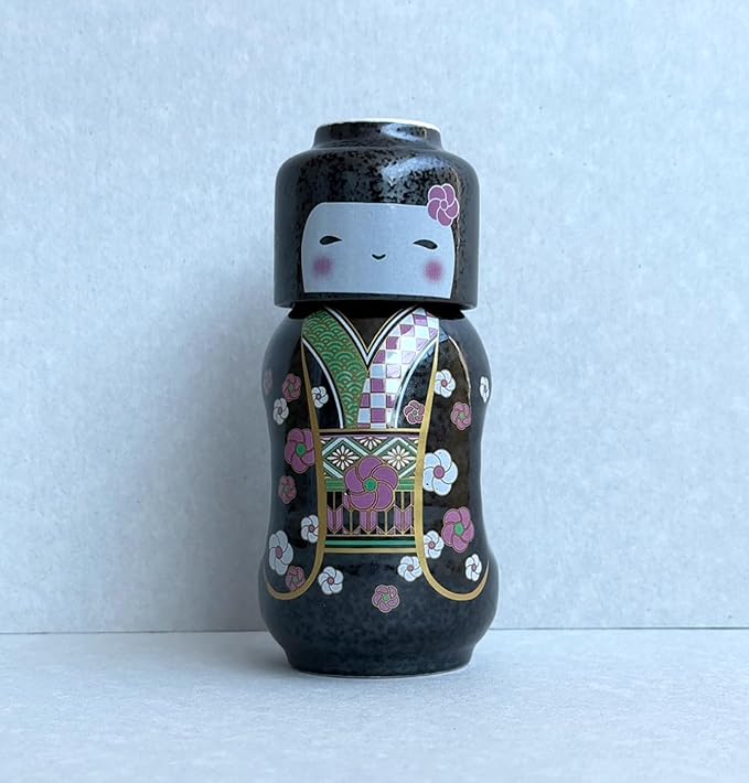 Japanese Traditional Kokeshi Design Sake Wine Soju Ceramic Set with 1 Ochoko Cup and 1 Tokkuri Bottle Gifts (Kokeshi Ume Komachi)
