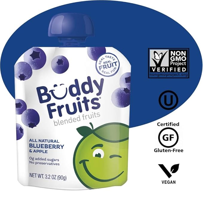 Buddy Fruits Snacks To Go Blueberry Unsweetened Applesauce 3.2oz Pouch (18pk) Gluten-Nut-Dairy-Preservatives-BPA Free, Non GMO, Kosher