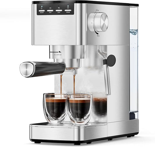 Kndko Espresso Machine 20 Bar, Compact Espresso Coffee Maker with Steam Milk Frother, Stainless Steel Coffee Machine with 40.5oz Removable Water Tank for Espresso, Latte, Cappuccino, Iced Coffee