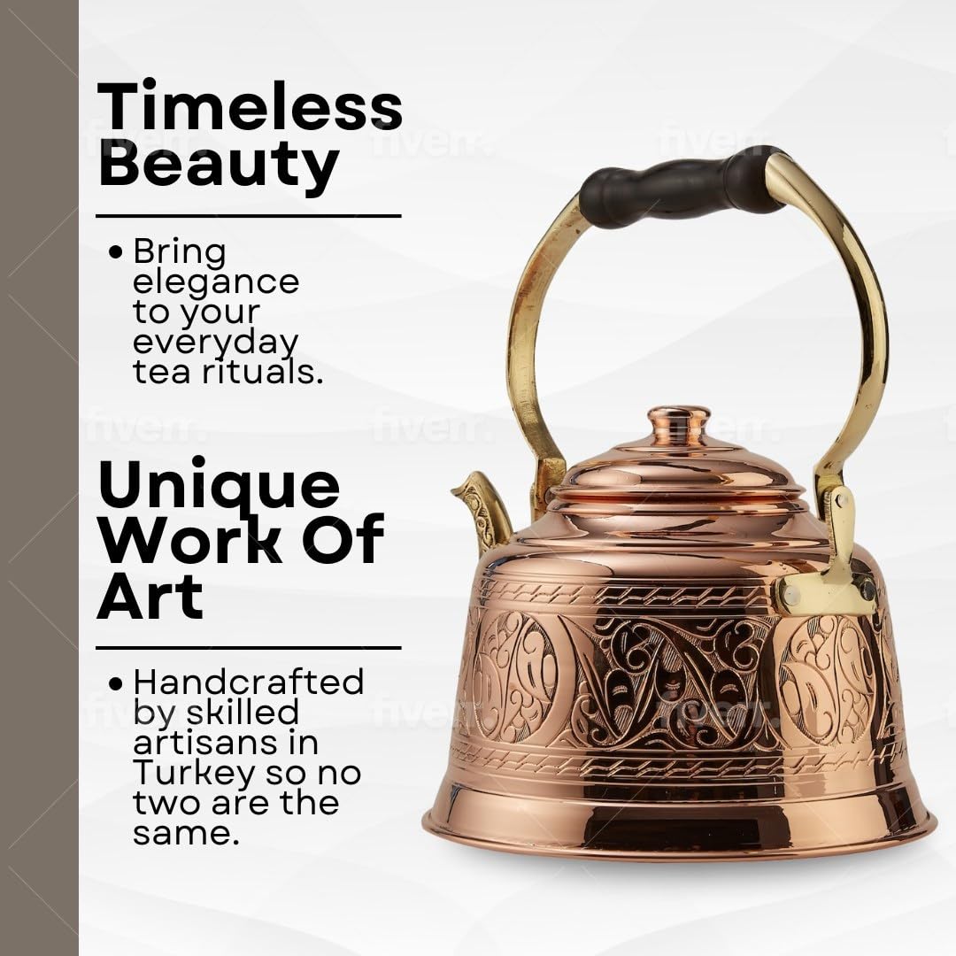 DEMMEX Heavy Gauge 1mm Thick Engraved Solid Copper Tea Pot Kettle Stovetop Teapot, Handmade