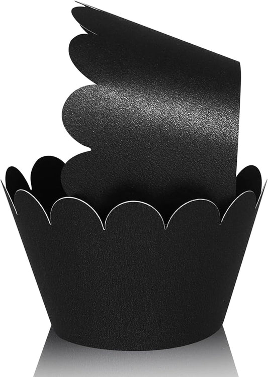 KPOSIYA Set of 100 Artistic Bake Cake Cups Filigree Little Vine Lace Laser Cut Cupcake Wrapper Liner Baking Cup Muffin CaseTrays for Wedding Birthday Party Decoration-Best Kitchen Gift (Black)
