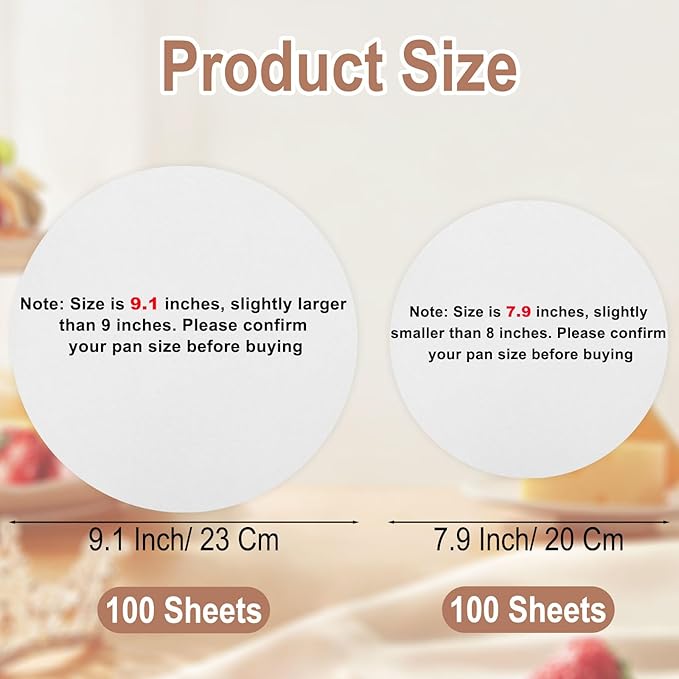 Krijues 200 Pcs Parchment Paper Rounds, Non Stick 7.9 Inch and 9.1 Inch Round Parchment Paper for Baking,Heat Resistant Burger Parchment Paper Sheets for Cake Pans, Tortilla Press, Quesadilla Maker