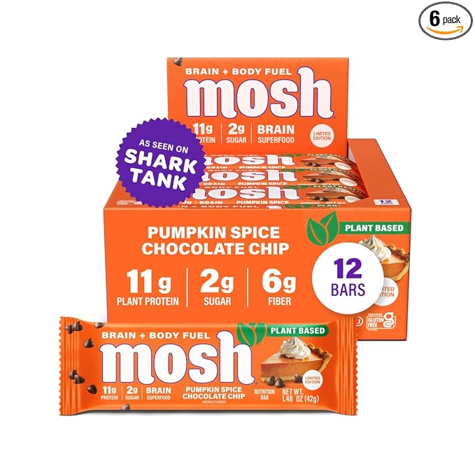 MOSH Peanut Chocolate Chip Vegan Protein Bars, Plant Based, Keto, Gluten Free, Brain Healthy Snack with Cognizin, Ashwagandha and Lion's Mane, 12 Count