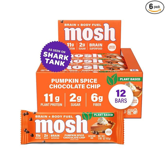 MOSH Peanut Chocolate Chip Vegan Protein Bars, Plant Based, Keto, Gluten Free, Brain Healthy Snack with Cognizin, Ashwagandha and Lion's Mane, 12 Count