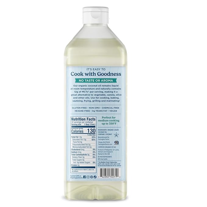 Carrington Farms Organic Liquid Coconut Cooking Oil, 32 Fl Oz ?밬nflavored, Unscented, High Smoke Point, MCT-Rich, No Trans Fat ??For Cooking, Saut챕ing, Frying & Baking ??Gluten Free, Non-GMO, Hexane Free, BPA Free Bottle
