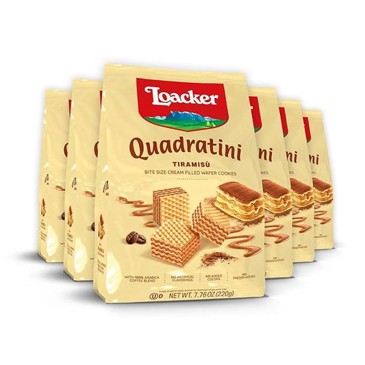 Loacker Quadratini Tiramisu Wafer Cookies LARGE - 30% Less Sugar - Premium Crispy Bite Size Wafers - NON-GMO - LARGE Pack of 6