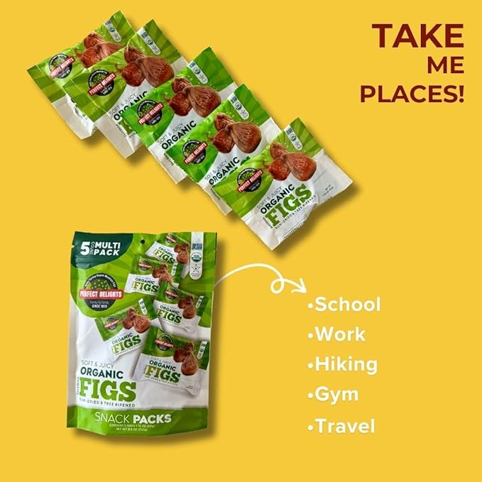 Perfect Delights Organic Snack Pack Figs, Sun-Dried Turkish Figs, On-the-Go Vegan, Healthy Snack, Easy-to-Carry Dried Figs, Perfect for Kids & Adults 5 Pack (1.76 oz each)