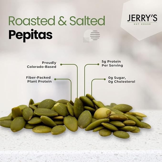 Pepitas (Pumpkin Seeds), Roasted & Salted - Jerry’s Nut House: Premium Nuts, Dried Fruit, and Assorted Snacks - 8oz