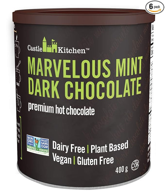 Castle Kitchen Mint Dark Hot Chocolate (6 Pack) Premium Plant Based, Dairy Free, Gluten-Free, Vegan Hot Coca Mix - Just Add Water - 14 oz