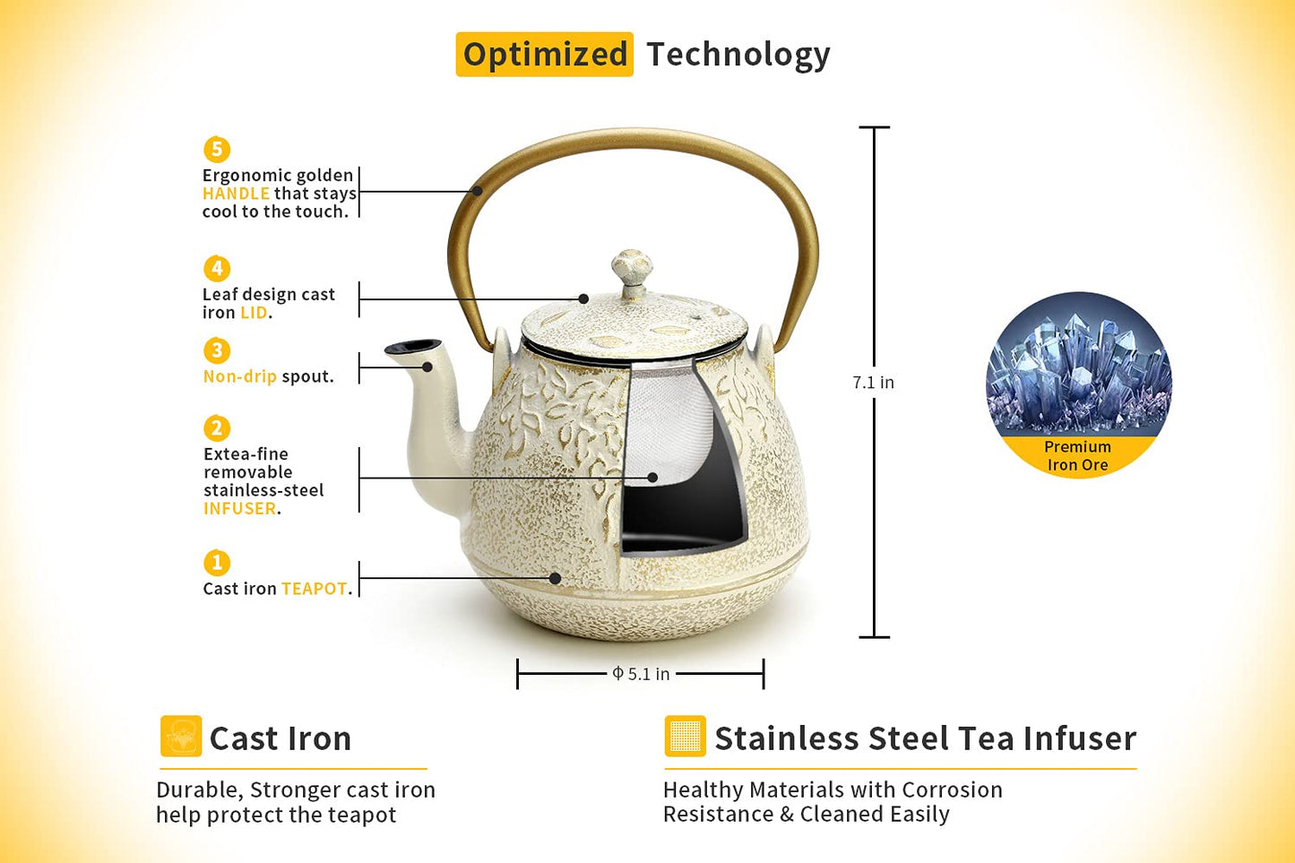 Toptier Cast Iron Tea Kettle, Stovetop Safe Japanese Cast Iron Teapot with Infuser, Leaf Design Tea