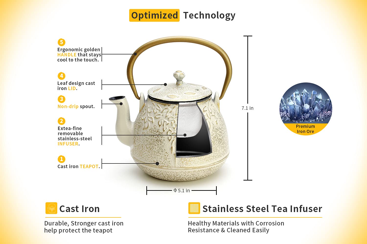 Toptier Cast Iron Tea Kettle, Stovetop Safe Japanese Cast Iron Teapot with Infuser, Leaf Design Tea