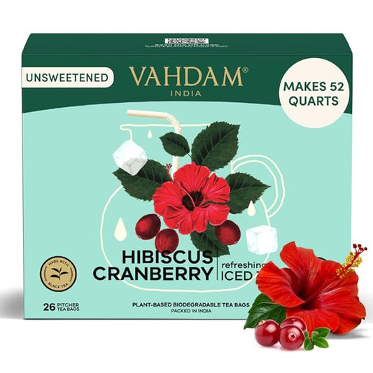Hibiscus Cranberry Iced Tea Bags (26 Pitcher Tea Bags/52 Quarts) Zero Added Sugar | Naturally Sweet | Blended w/Hibiscus & Cranberry | Best for Mocktails & Cocktails | Biodegradable Tea Bags | VAHDAM