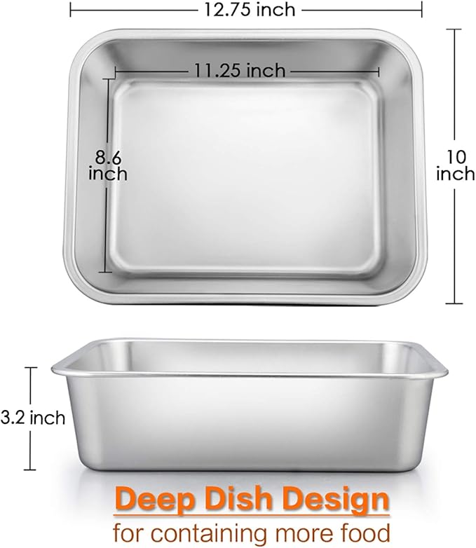 E-far Lasagna Pan Set of 2, Deep Stainless Steel Baking Pans, 12.75 x10 x3.2 Inches Rectangular Metal Roasting Baking Dish Bakeware for Oven, Non-Toxic & Heavy Duty, Dishwasher Safe