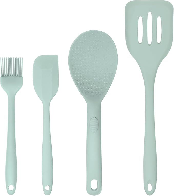 Silicone Utensils 4-Piece Set ??Rubber Spatula, Pastry Brush, Slotted Turner, and Rice Paddle ??Complete Heat-Resistant Set for Non-Stick Cookware ??Kitchen Tools for Cooking and Baking ??Pastel Green