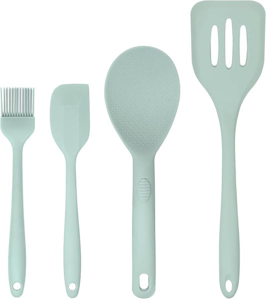 Silicone Utensils 4-Piece Set ??Rubber Spatula, Pastry Brush, Slotted Turner, and Rice Paddle ??Complete Heat-Resistant Set for Non-Stick Cookware ??Kitchen Tools for Cooking and Baking ??Pastel Green