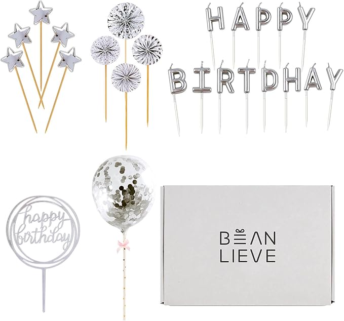 BEAN LIEVE Birthday Candles Set - Cake Topper Decoration with Cake Candles Confetti Balloon Stars and Fan Cupcake Toppers 12 Pieces Birthday Cake Decor for Birthday Party Celebration (Silver)