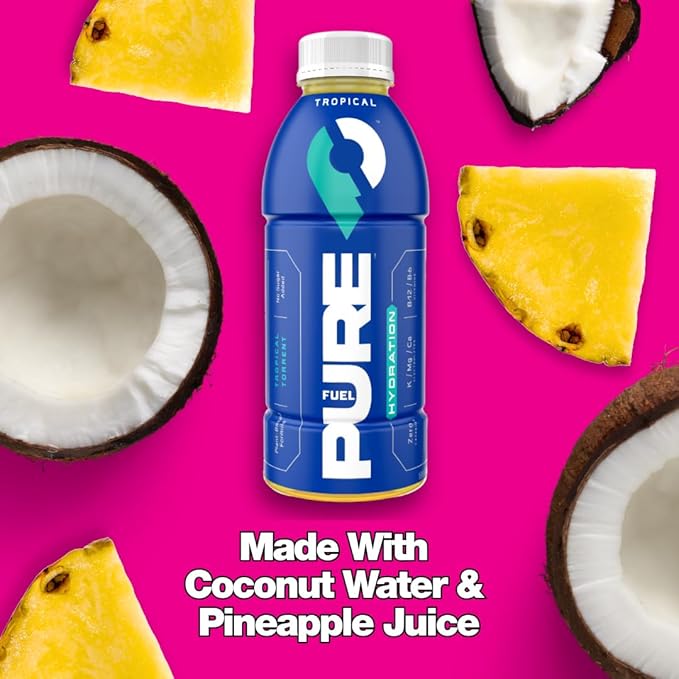 Pure Fuel Hydration Drinks Tropical Torrent - Plant-Based Healthy Electrolyte Drinks with B-Vitamins - No Added Sugar - 12 Pack x 16.9 fl oz Bottles
